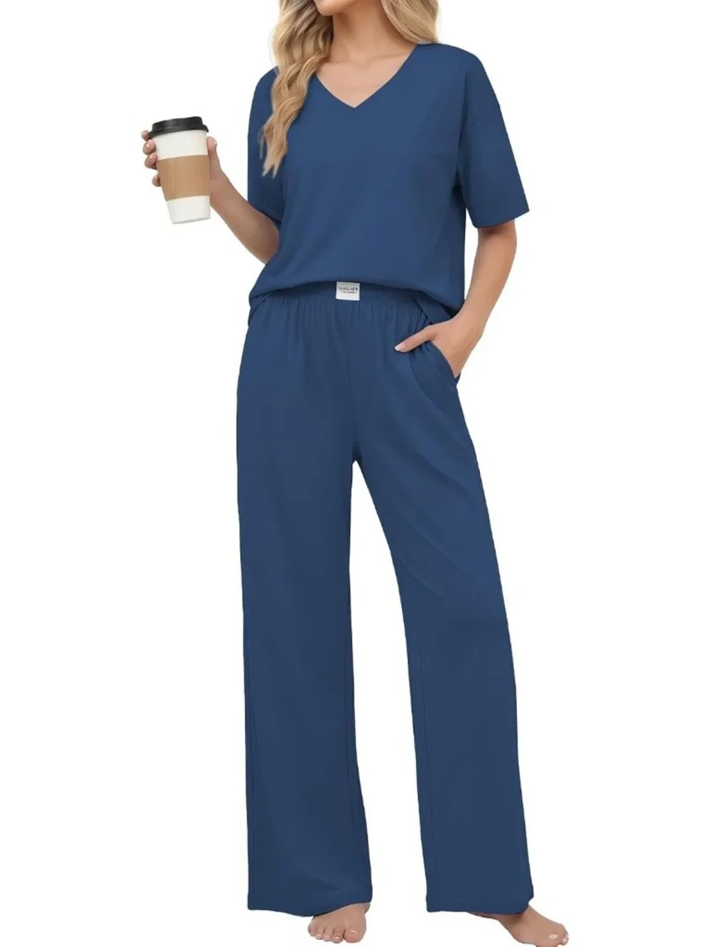 Women's Navy Cotton Short Sleeve Sleepwear Pant Pockets Pajama Set